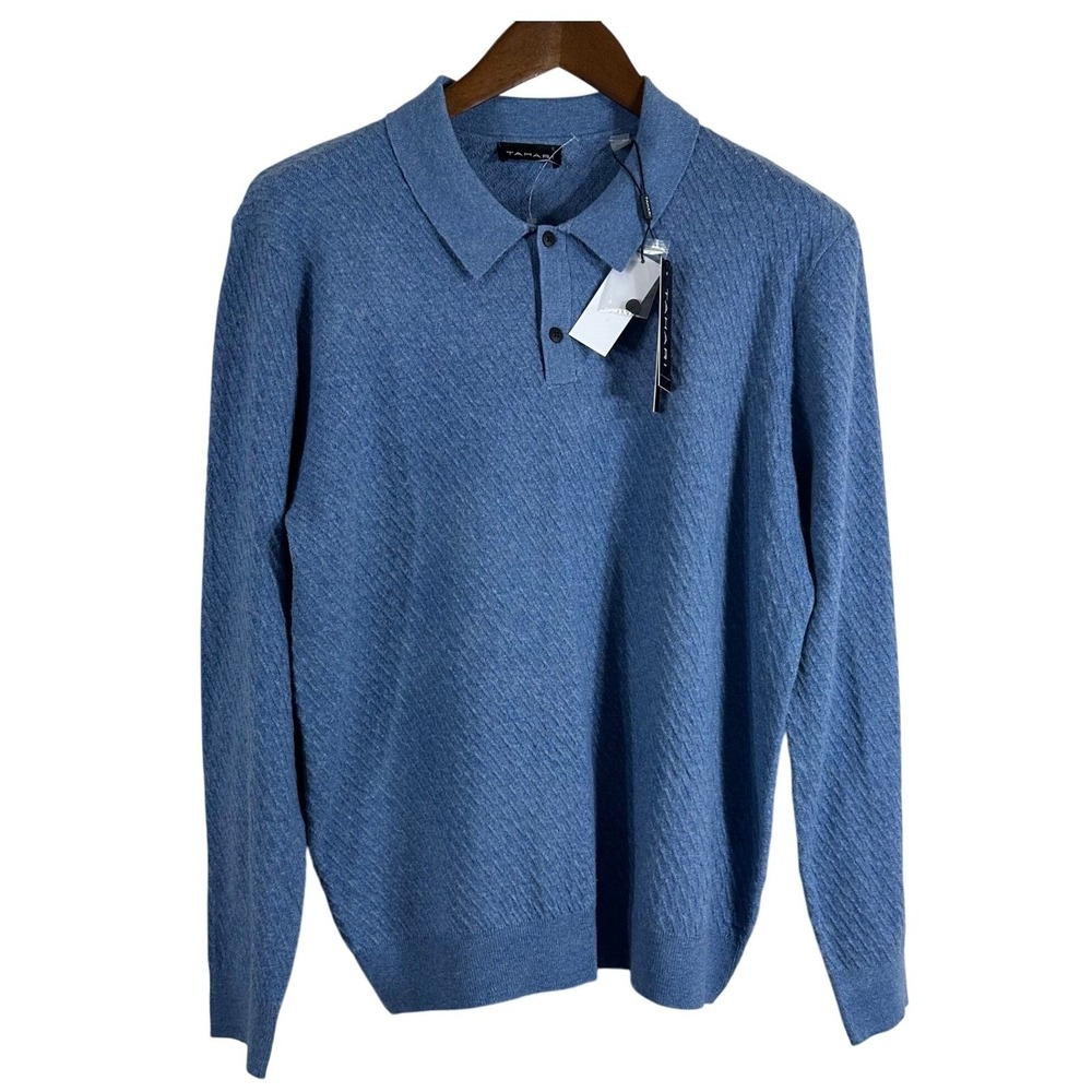 Tahari Mens Blue Textured Wool Blend Long Sleeve Polo‎ Sweater Size M New Preppy